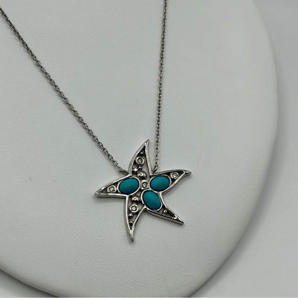 Coastal Silver Turquoise Starfish Pendant Necklace
